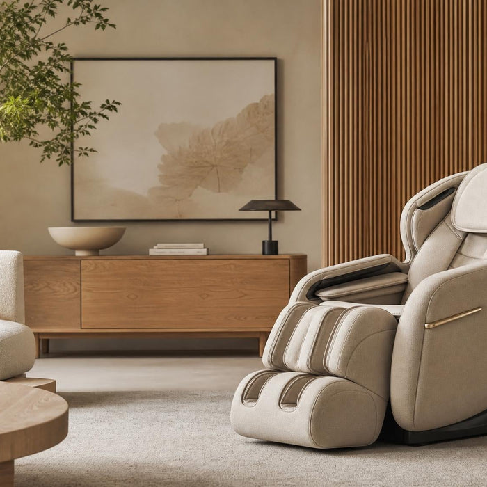 Kiyora massagestoel in een stijlvolle japandi woonkamer met natuurlijke materialen en warme aardetinten