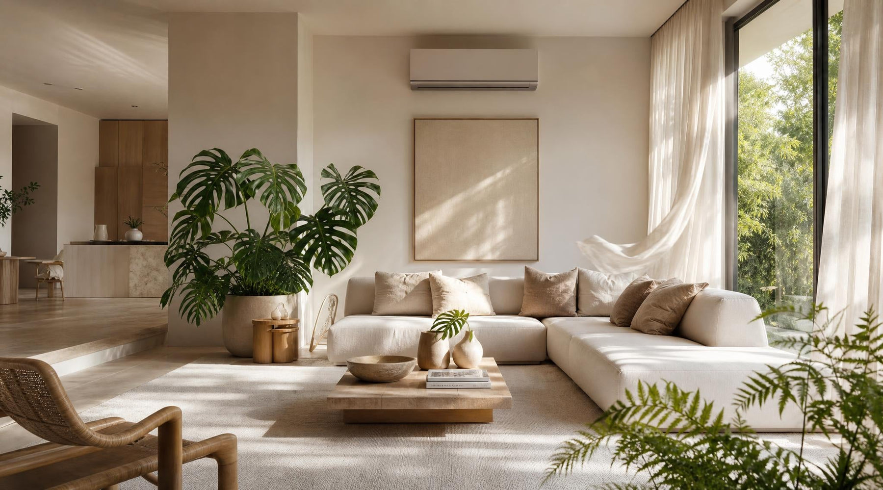 Lichte stijlvolle woonkamer die koel blijft tijdens warme zomerdagen