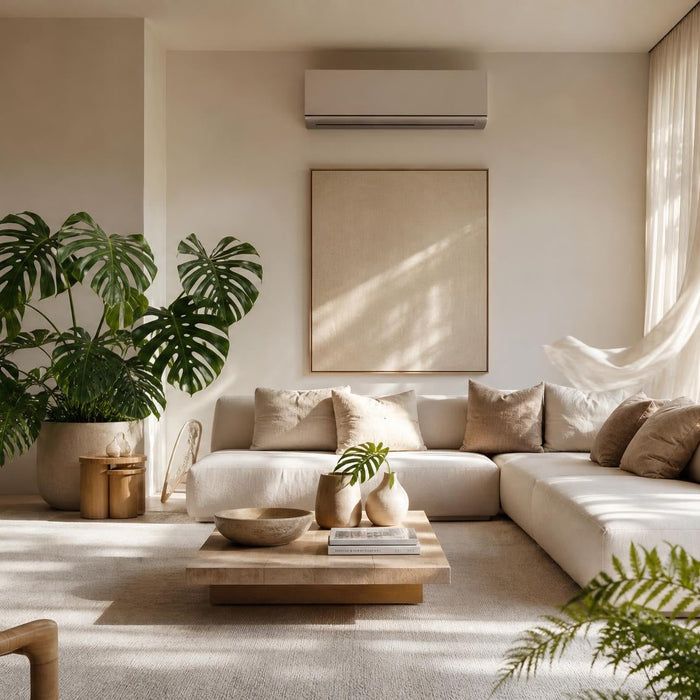 Lichte stijlvolle woonkamer die koel blijft tijdens warme zomerdagen