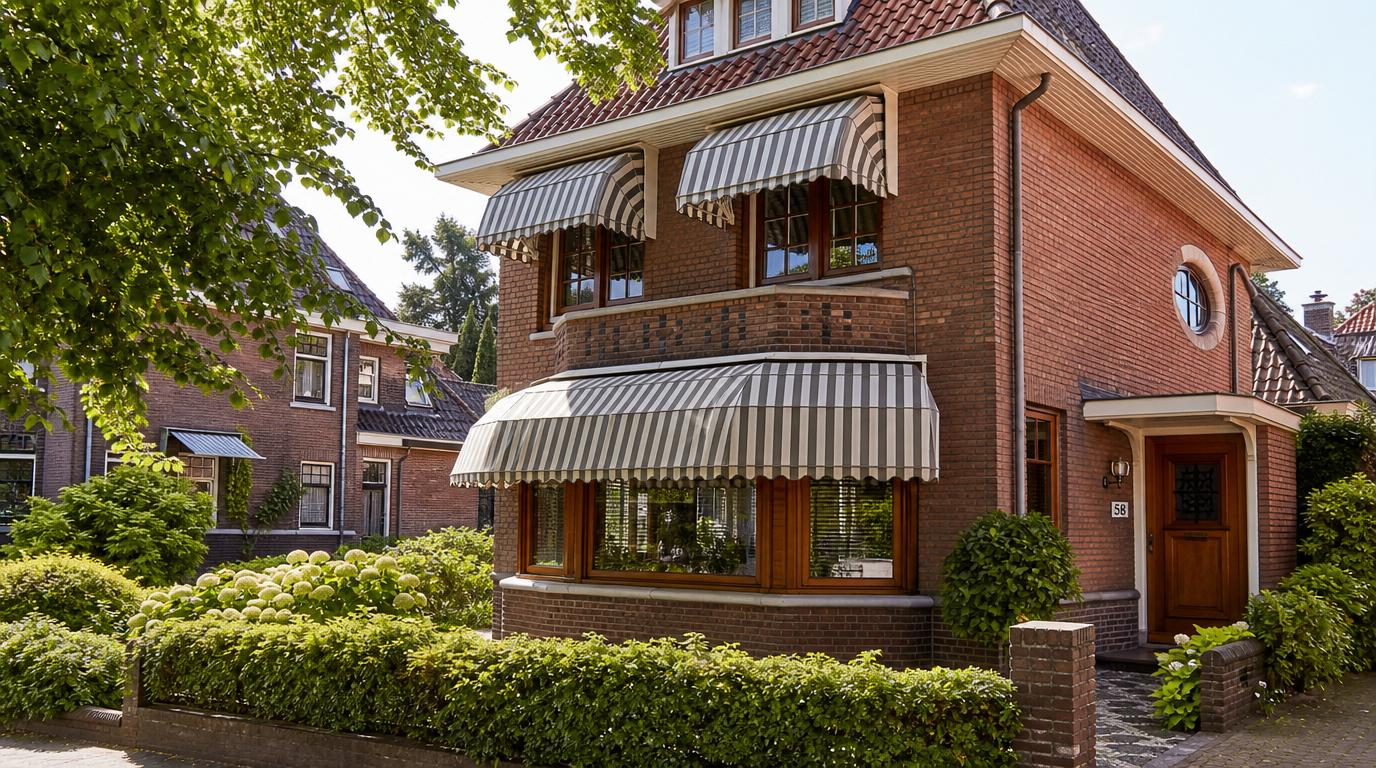 Markiezen op maat boven een erker van een woning die bescherming bieden tegen zon en de uitstraling van de gevel versterken