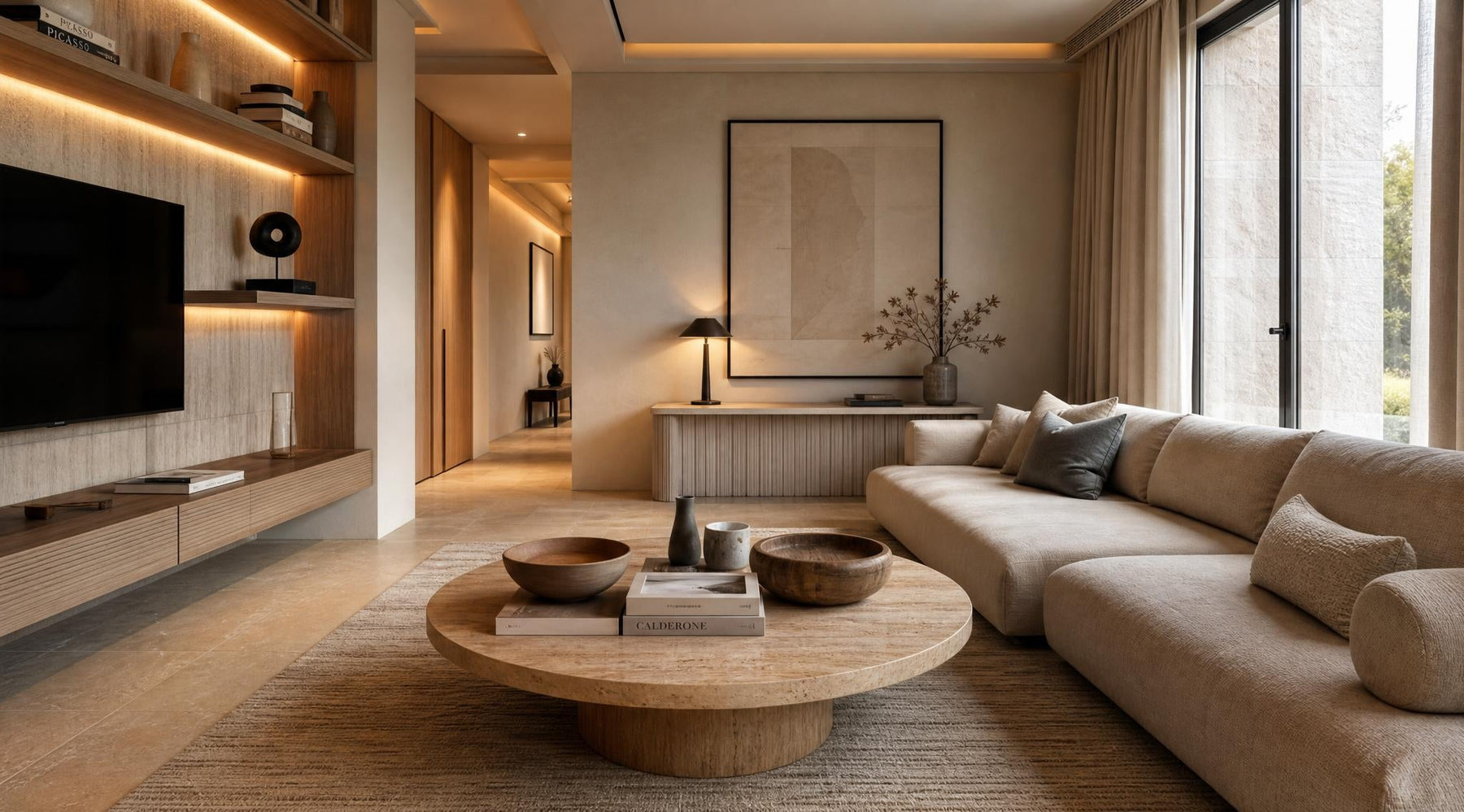 Modern interieur met warme natuurlijke materialen, zachte verlichting en een luxe boutiquehotelgevoel in de woonkamer