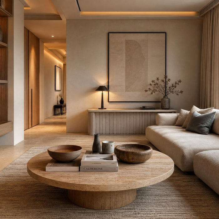 Modern interieur met warme natuurlijke materialen, zachte verlichting en een luxe boutiquehotelgevoel in de woonkamer