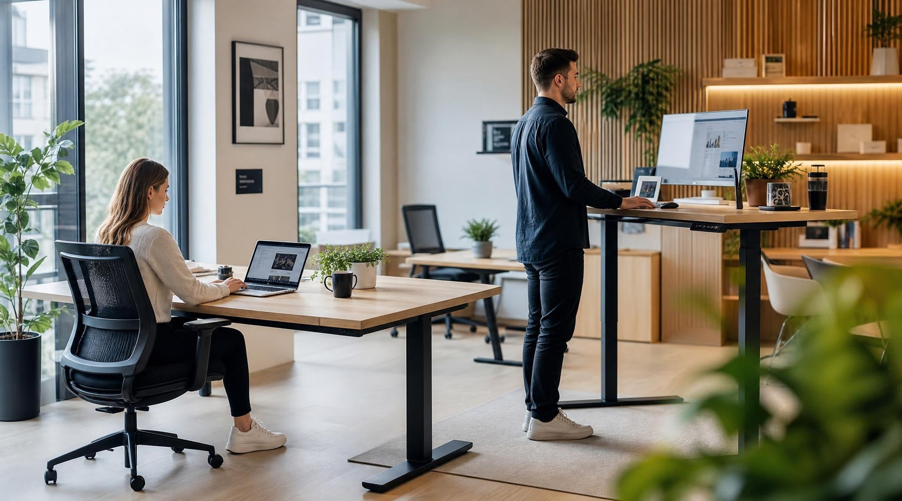 Modern kantoor met in hoogte verstelbare bureaus voor flexibel en ergonomisch werken