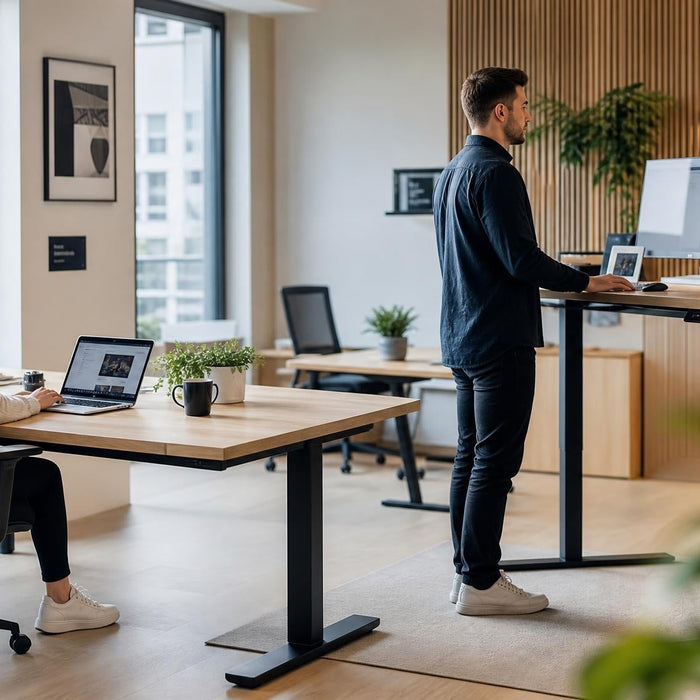 Modern kantoor met in hoogte verstelbare bureaus voor flexibel en ergonomisch werken