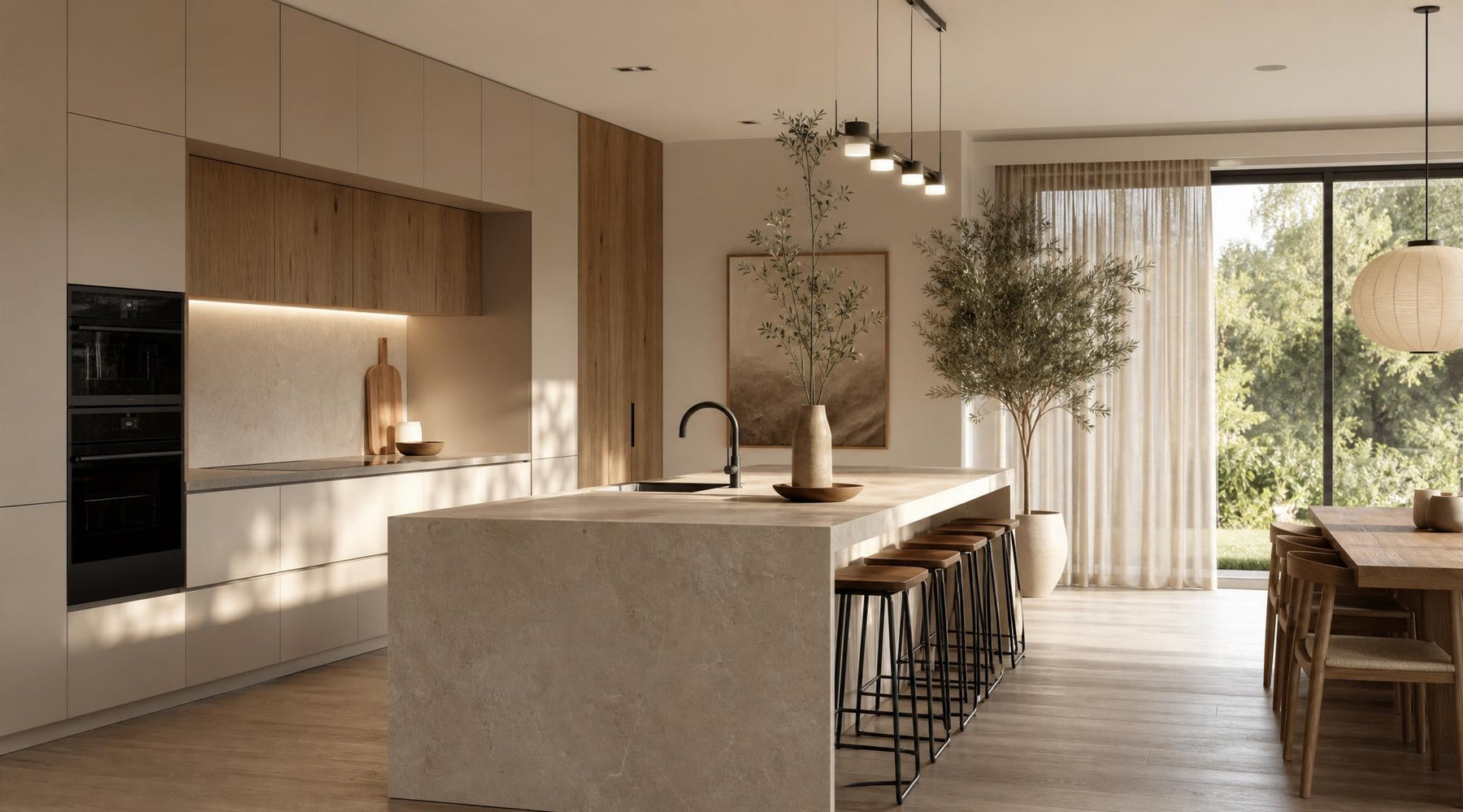 Moderne Duitse keuken met kookeiland, houten accenten en natuurstenen werkblad