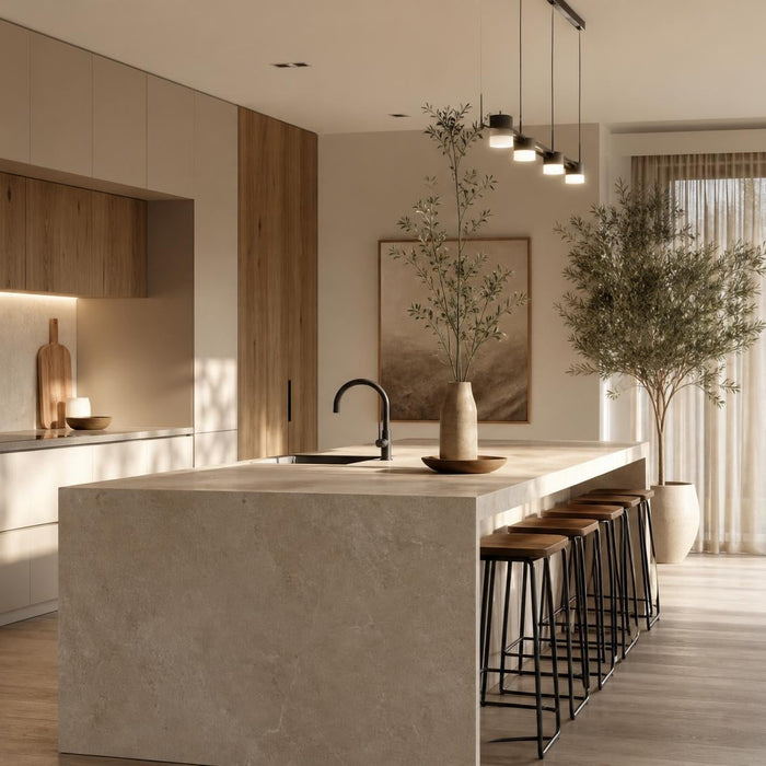 Moderne Duitse keuken met kookeiland, houten accenten en natuurstenen werkblad