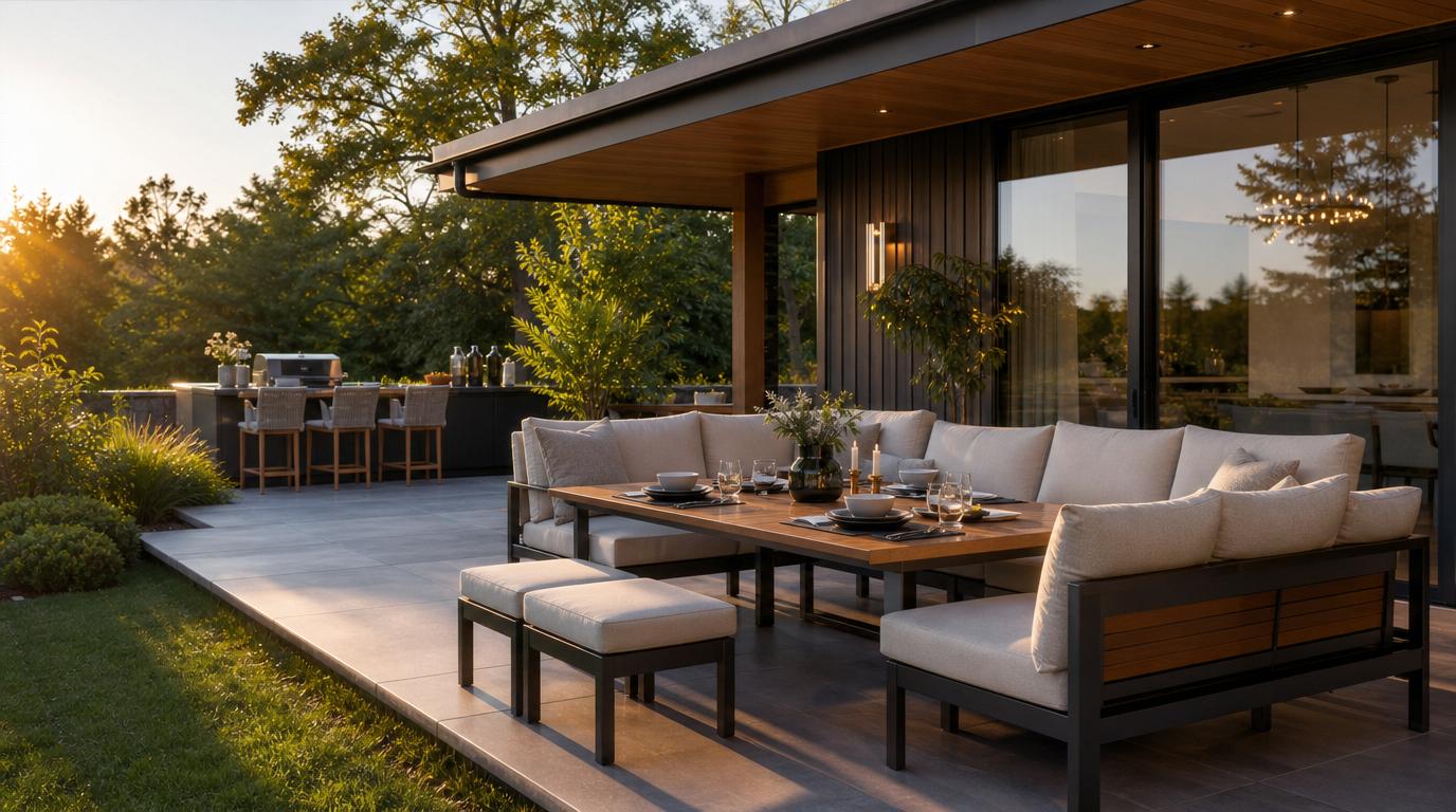 Moderne dining loungeset op een stijlvol terras met comfortabele kussens en een sfeervol gedekte buitentafel