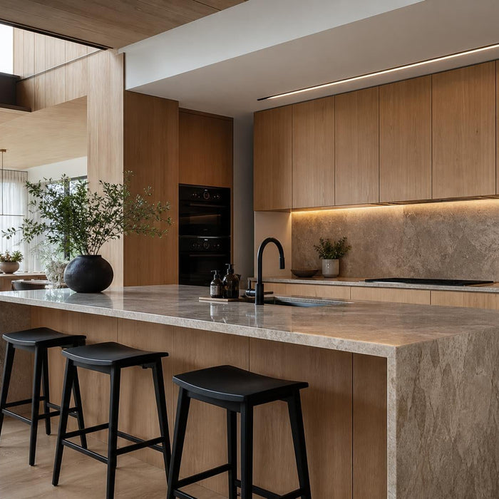 Moderne luxe keuken met schiereiland, houten kastfronten, natuurstenen werkblad en sfeervolle verlichting