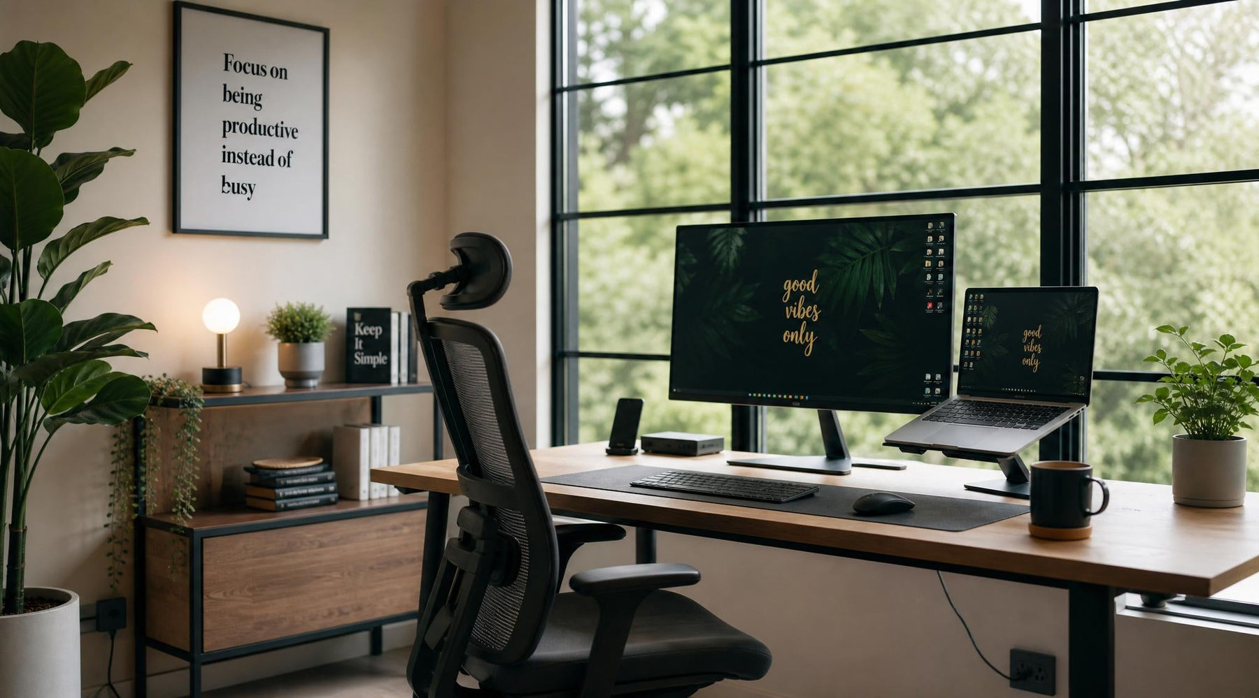 Moderne thuiswerkplek met ergonomisch bureau, monitor en natuurlijke verlichting voor productief thuiswerken