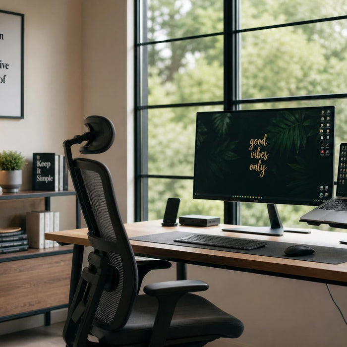 Moderne thuiswerkplek met ergonomisch bureau, monitor en natuurlijke verlichting voor productief thuiswerken