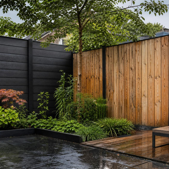 Moderne tuin met houten en composiet schutting naast elkaar ter vergelijking van uitstraling en duurzaamheid