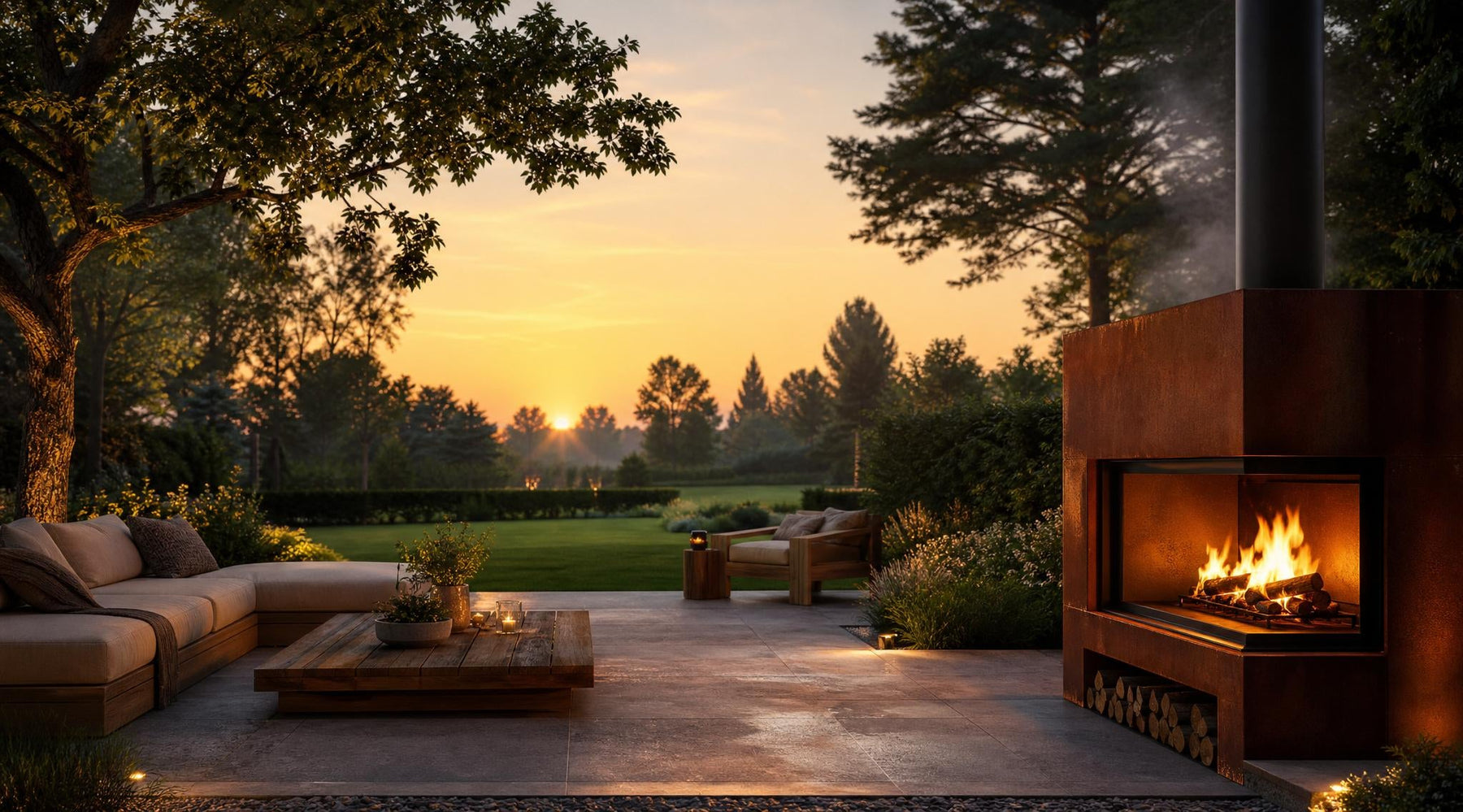 Moderne tuinhaard op een sfeervol terras met comfortabele tuinmeubelen tijdens een gezellige zomeravond