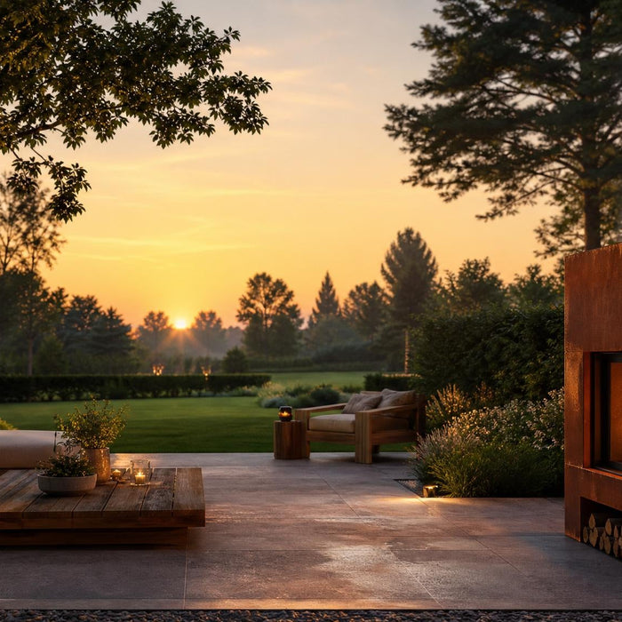 Moderne tuinhaard op een sfeervol terras met comfortabele tuinmeubelen tijdens een gezellige zomeravond