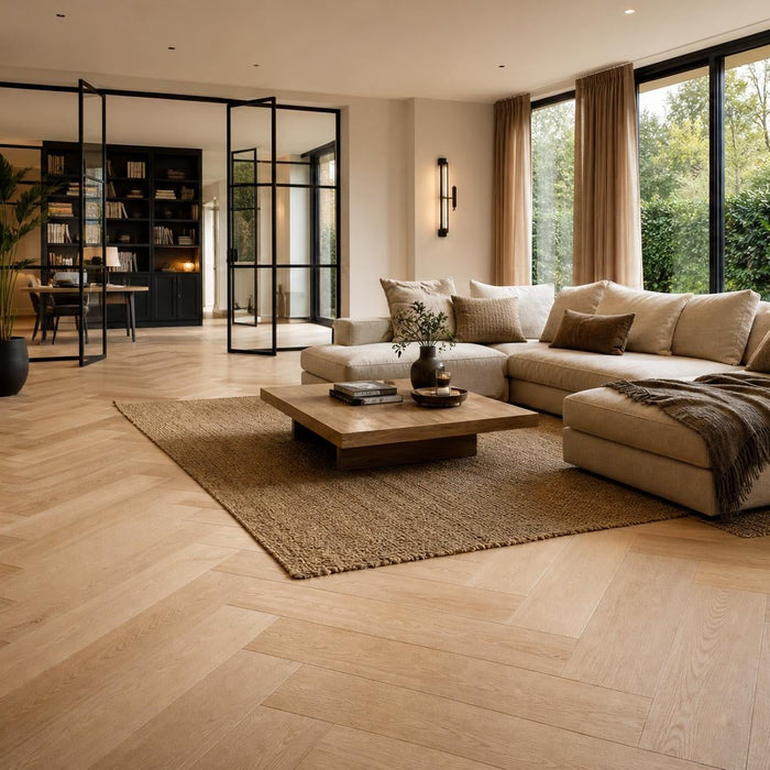 Moderne woonkamer met een lichte walvisgraatvloer van eikenhout en een rustig Scandinavisch interieur