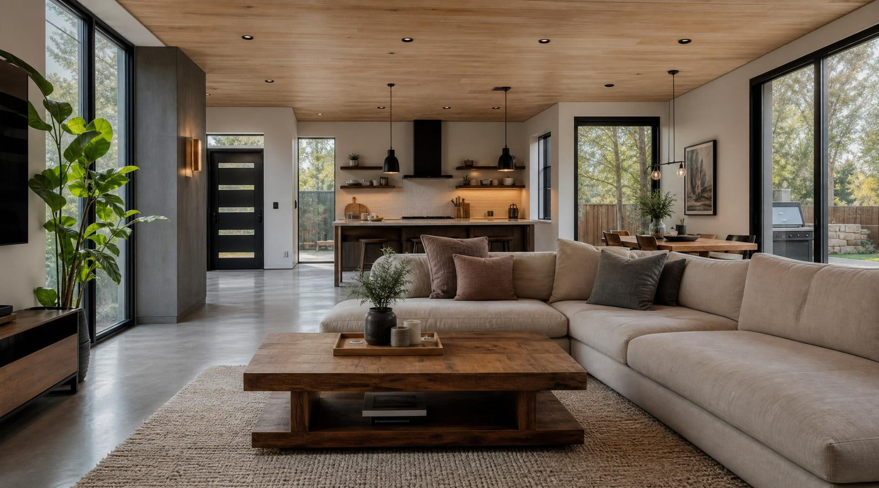 Moderne woonkamer met stijlvolle betonvloer, houten meubels en warme interieuraccenten