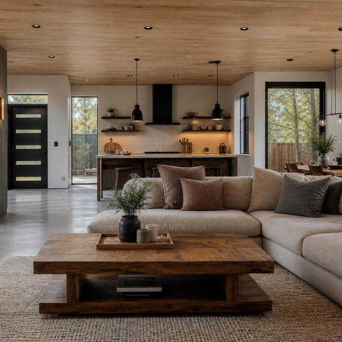 Moderne woonkamer met stijlvolle betonvloer, houten meubels en warme interieuraccenten