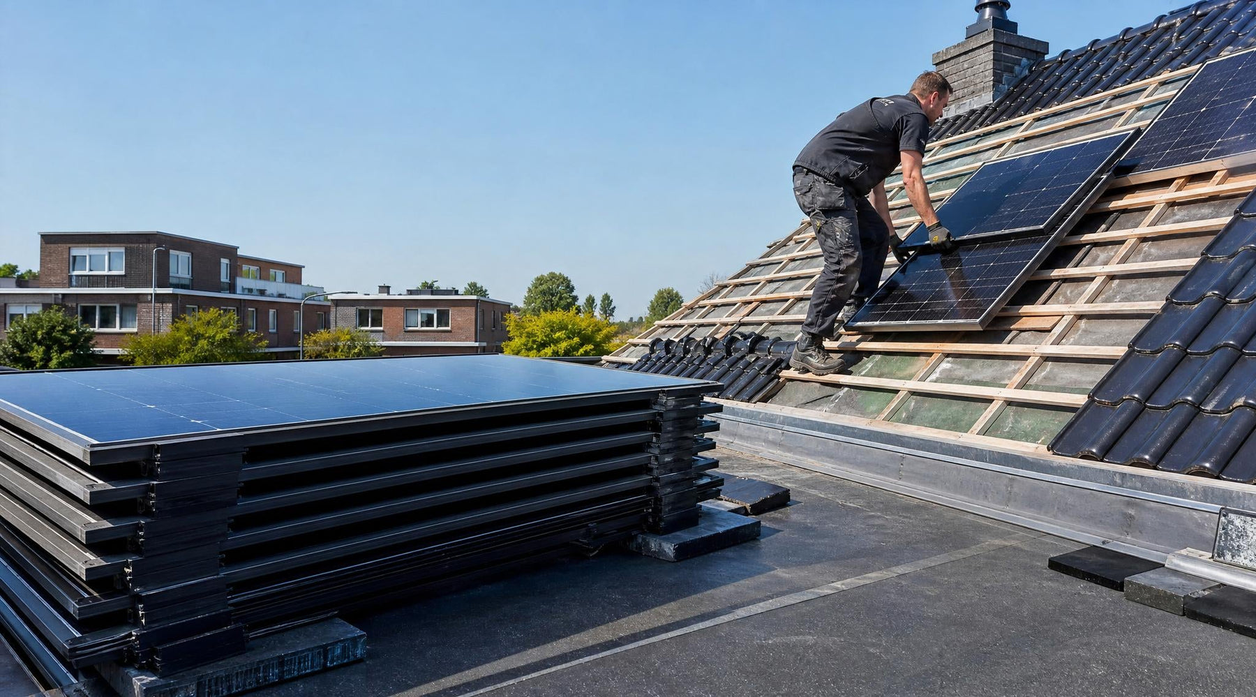 Monteur verwijdert zonnepanelen tijdelijk van een dak tijdens een dakrenovatie