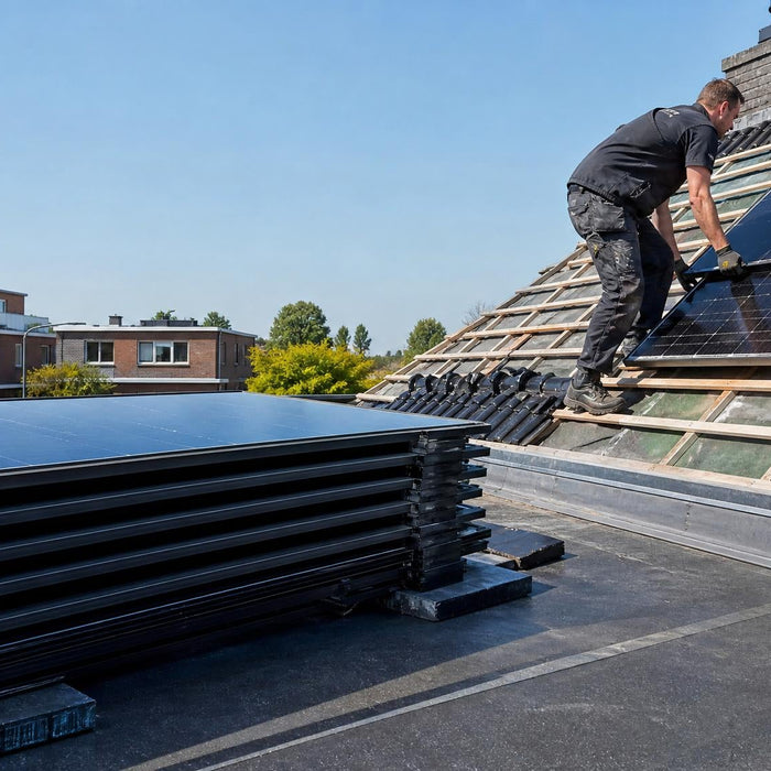 Monteur verwijdert zonnepanelen tijdelijk van een dak tijdens een dakrenovatie