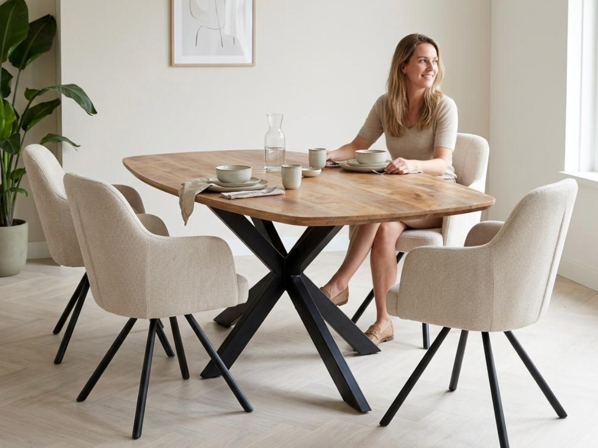 Ovale houten eettafel in een moderne, lichte eetkamer