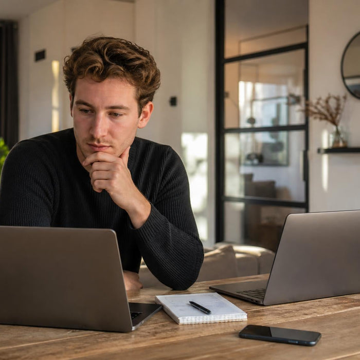 Persoon vergelijkt twee laptops aan tafel met een checklist