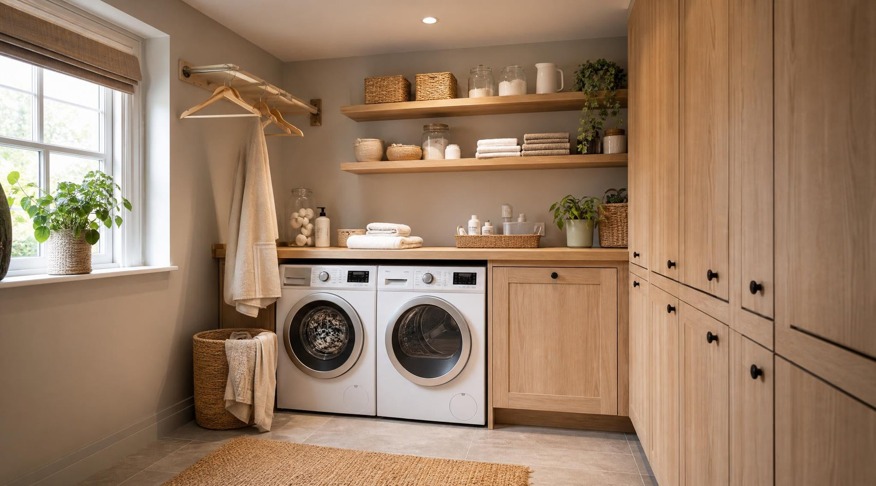 Rustig ingerichte wasruimte met wasmachine, droger en houten opbergruimte
