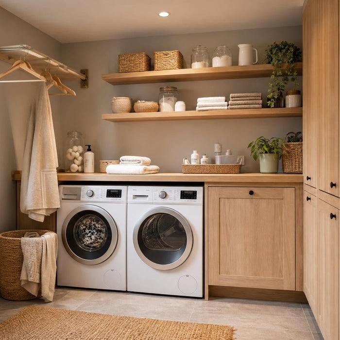 Rustig ingerichte wasruimte met wasmachine, droger en houten opbergruimte