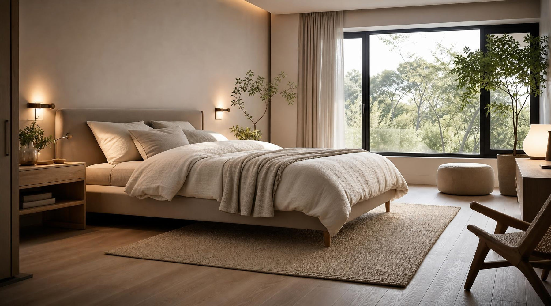 Rustige slaapkamer met comfortabel bed en natuurlijke materialen