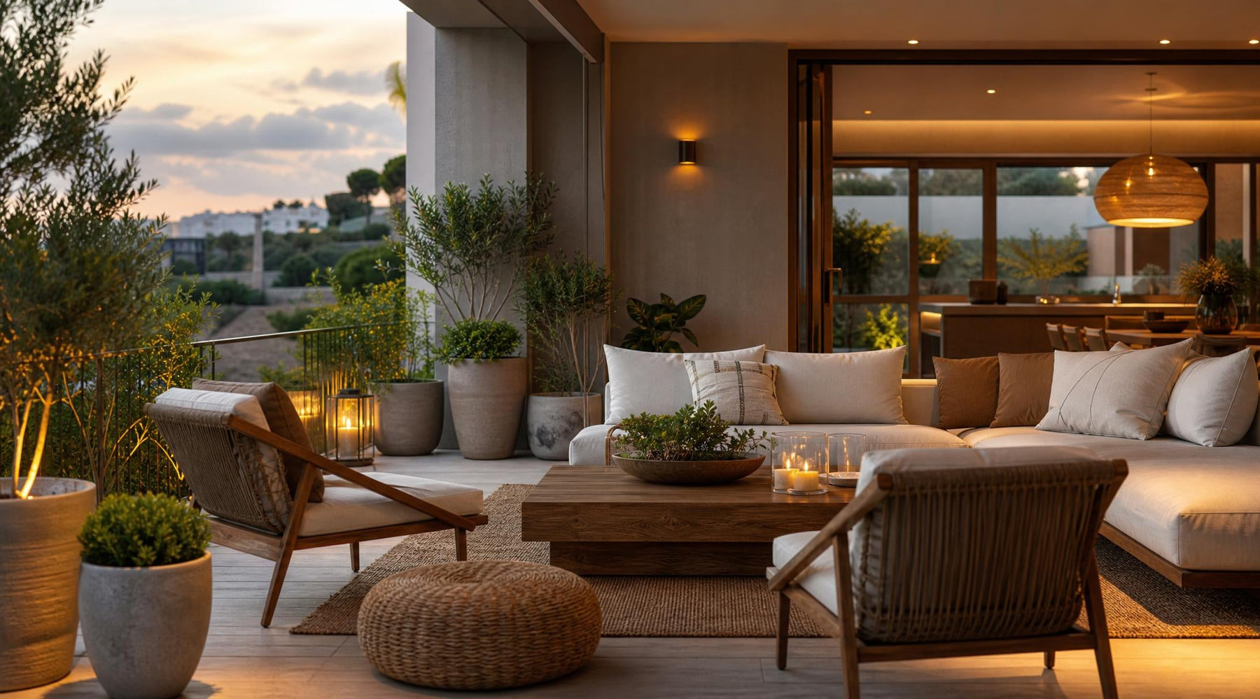 Sfeervol ingericht terras met comfortabele loungeset, buitenkussens, planten en warme verlichting als verlengstuk van de woonkamer