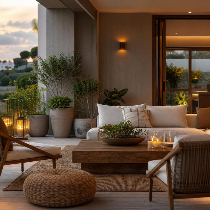 Sfeervol ingericht terras met comfortabele loungeset, buitenkussens, planten en warme verlichting als verlengstuk van de woonkamer
