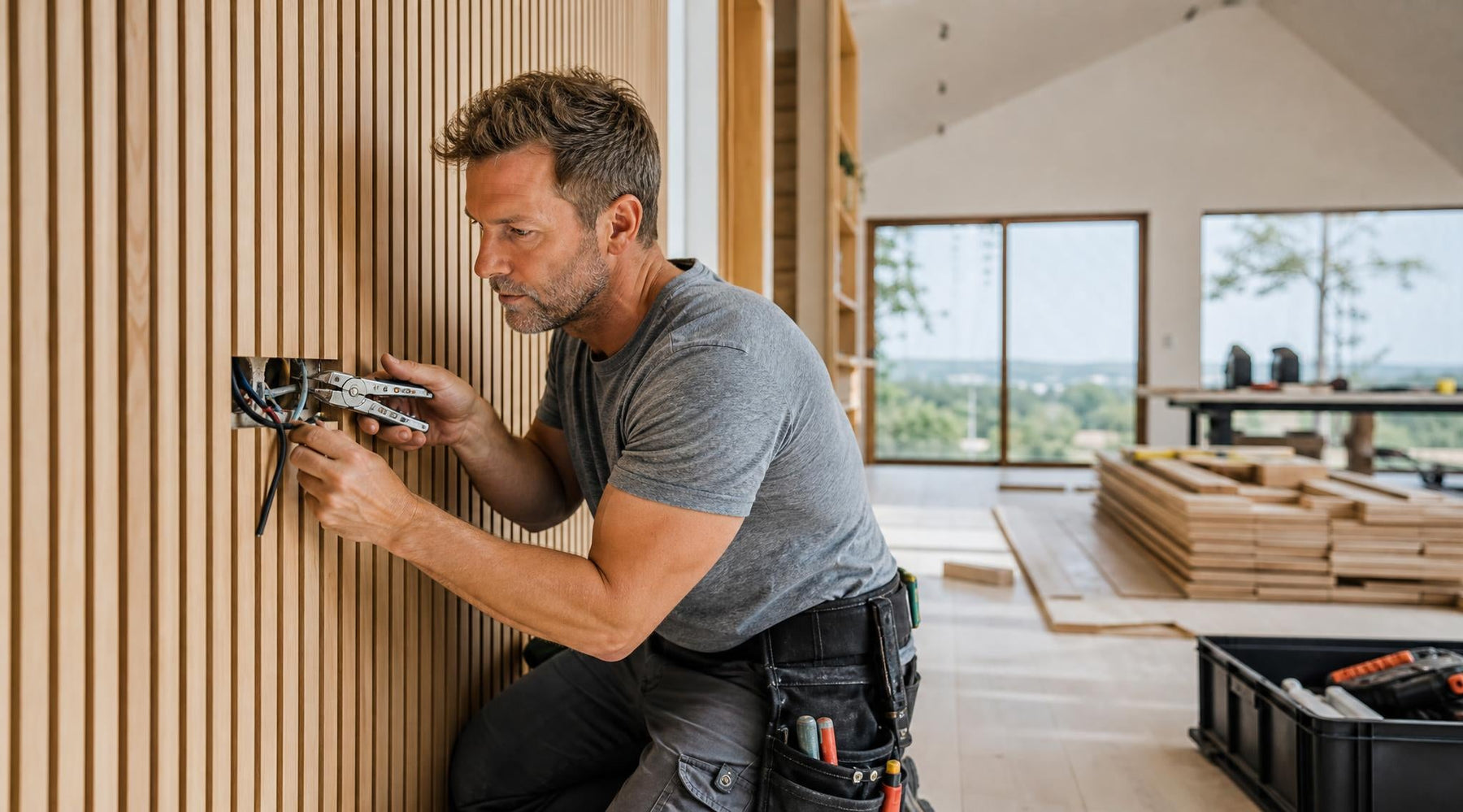 Vakman gebruikt een compacte multitool tijdens een verbouwing voor nauwkeurig en efficiënt kluswerk in huis