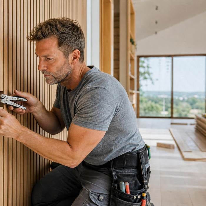 Vakman gebruikt een compacte multitool tijdens een verbouwing voor nauwkeurig en efficiënt kluswerk in huis