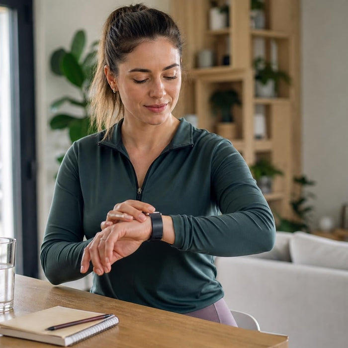 Vrouw die met een smartwatch en gezonde leefstijl aan haar gezondheidsdoelen werkt
