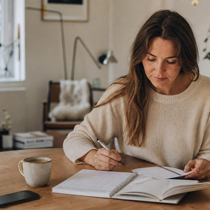 Vrouw die ontspannen aan tafel haar weekplanning bekijkt in een rustige woonkamer
