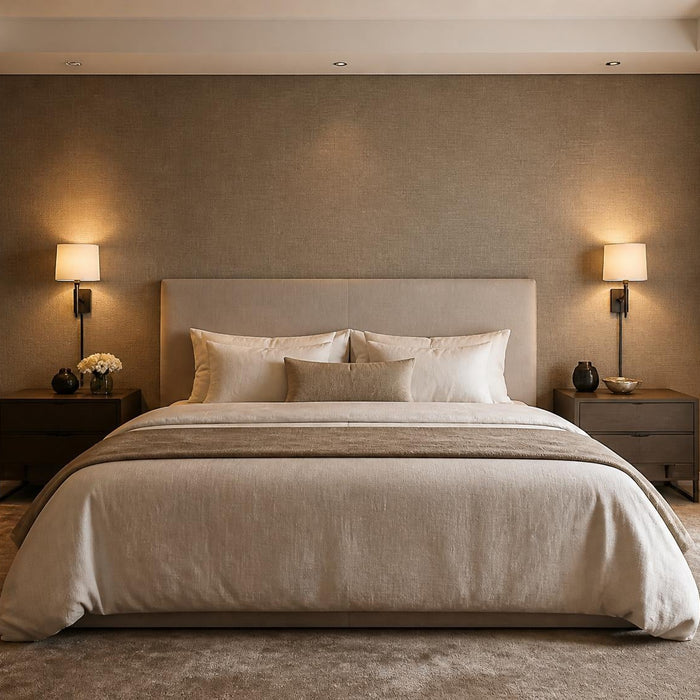 bed midden in slaapkamer met symmetrische nachtkastjes en voldoende loopruimte