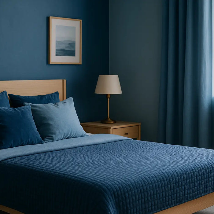 blauwe slaapkamer die ingericht is