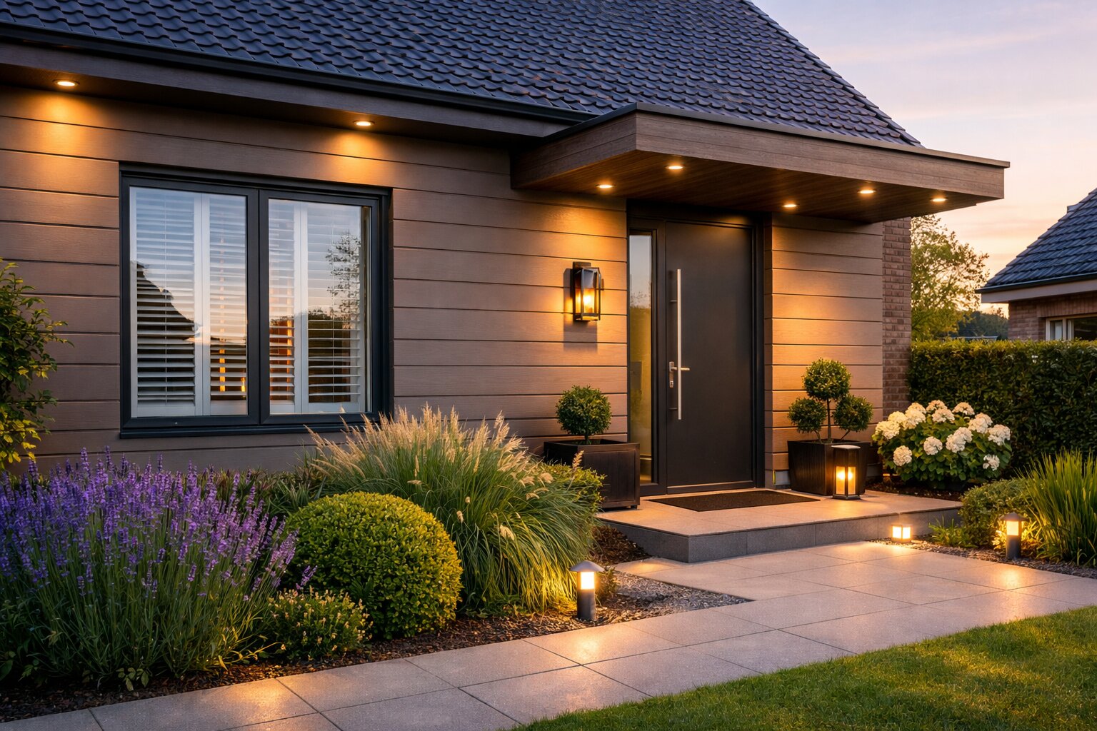 Moderne woning met gevelpanelen, stijlvolle voortuin met lavendel en sfeervolle buitenverlichting bij zonsondergang
