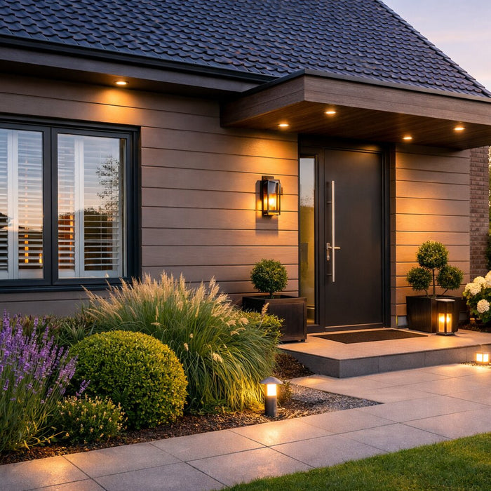 Moderne woning met gevelpanelen, stijlvolle voortuin met lavendel en sfeervolle buitenverlichting bij zonsondergang