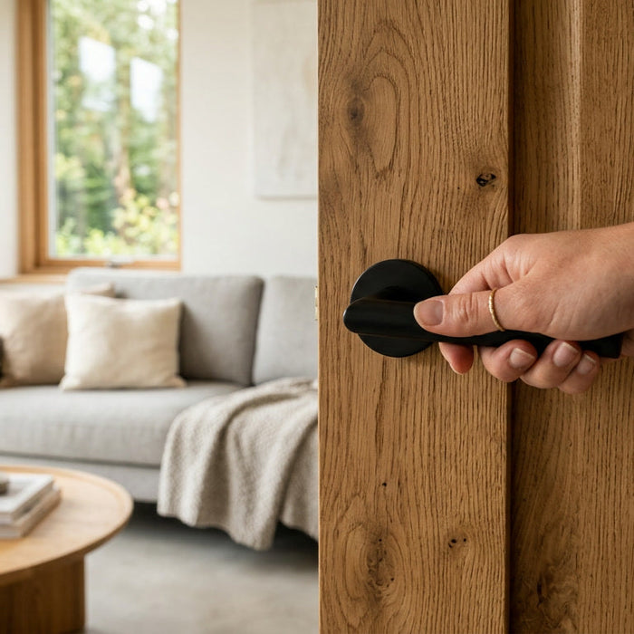 Modern deurbeslag op houten deur in stijlvolle woonkamer met focus op functionaliteit en design