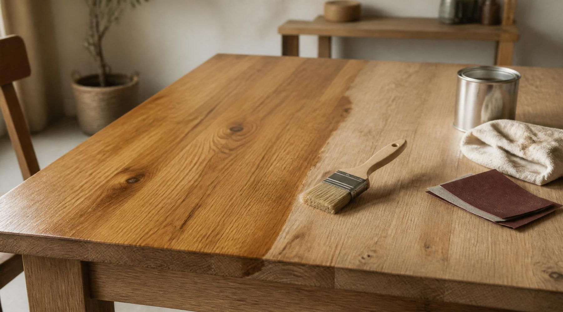 eiken tafel behandelen met olie schuurpapier kwast en doek