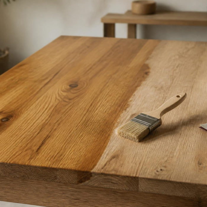 eiken tafel behandelen met olie schuurpapier kwast en doek