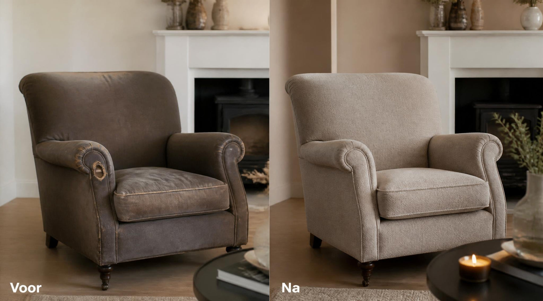 voor en na voorbeeld van een fauteuil opnieuw bekleden