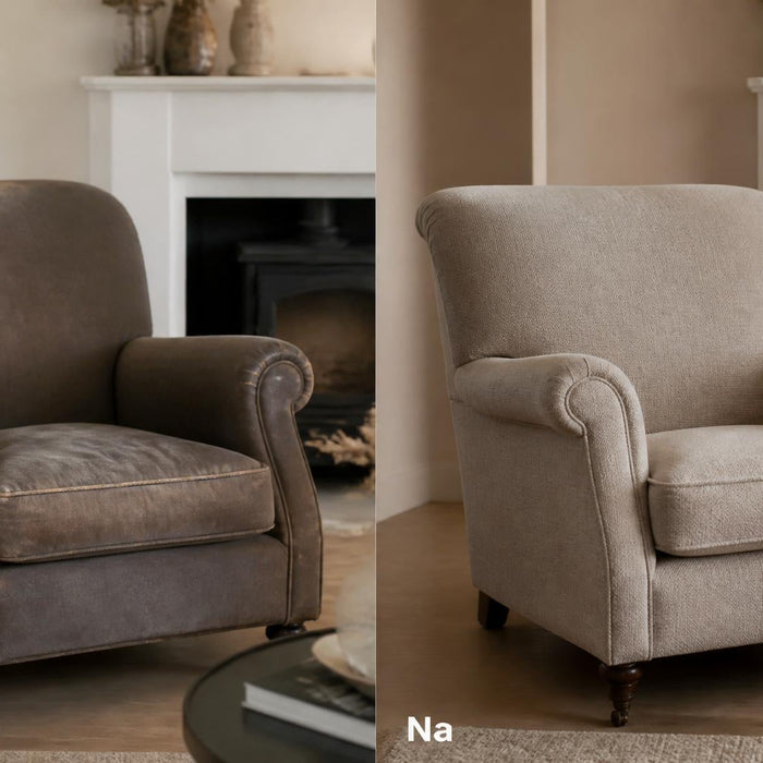 voor en na voorbeeld van een fauteuil opnieuw bekleden