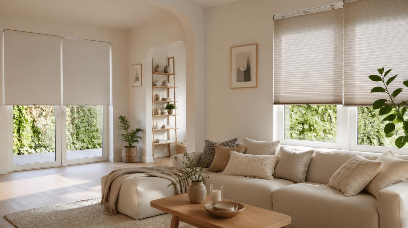 Raamdecoratie zonder boren in moderne woonkamer met plisségordijnen en veel daglicht voor flexibel wonen