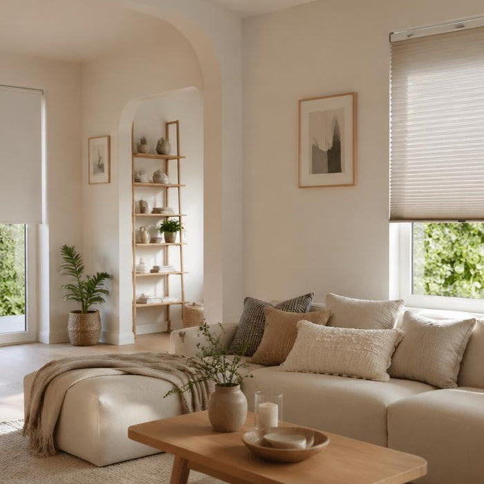 Raamdecoratie zonder boren in moderne woonkamer met plisségordijnen en veel daglicht voor flexibel wonen