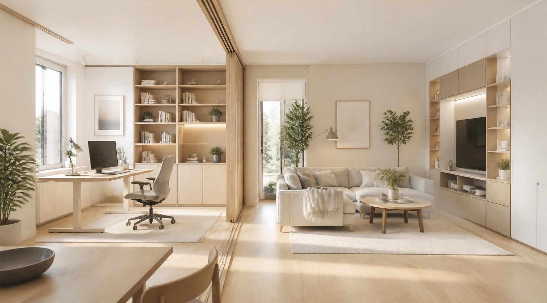 flexibele woonruimte met thuiskantoor roomdivider en multifunctionele meubels