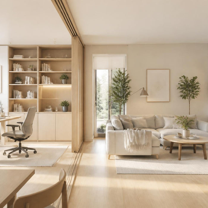 flexibele woonruimte met thuiskantoor roomdivider en multifunctionele meubels