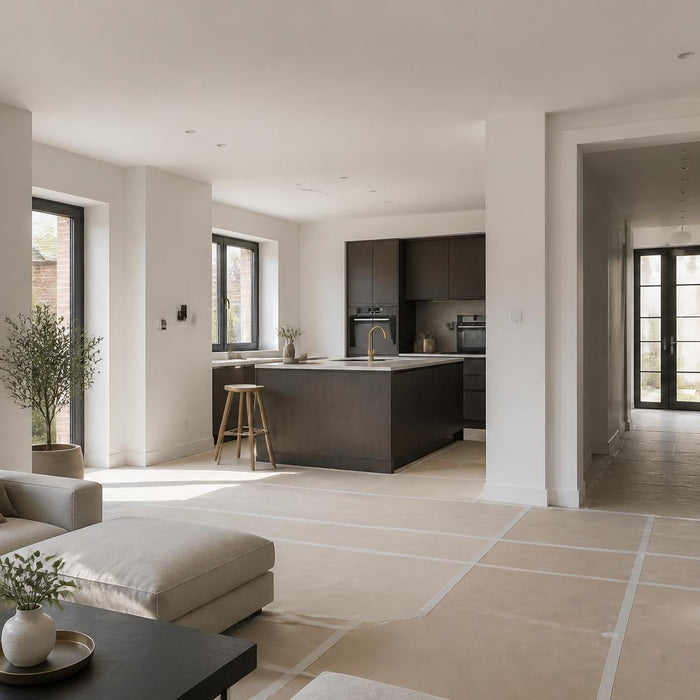 Brede sfeerfoto van een nieuwbouwwoning met strak afgewerkte muren en plafonds, klaar voor schilderwerk.