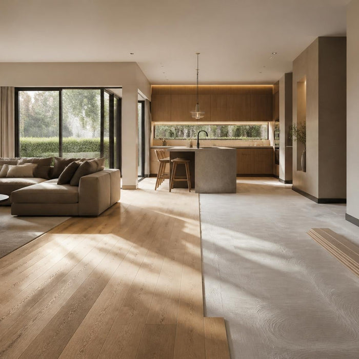 Brede sfeerfoto van een stijlvolle woonkamer tijdens vloerrenovatie met deels afgewerkte houten vloer en strak voorbereide ondergrond.