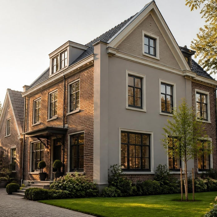 Buitenaanzicht van een woning met strak afgewerkte geïsoleerde buitenmuur in warm daglicht.