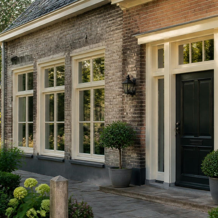 Buitenzijde van een nette woning met geschilderde kozijnen, deur en boeidelen in warm daglicht